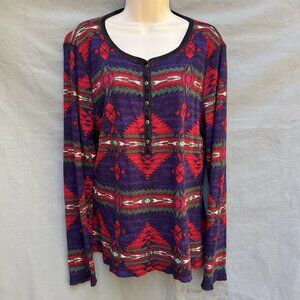 CHAPS Aztec Country Bobo Top Shirt Henley Waffle Knit Long Sleeves Cowgirl